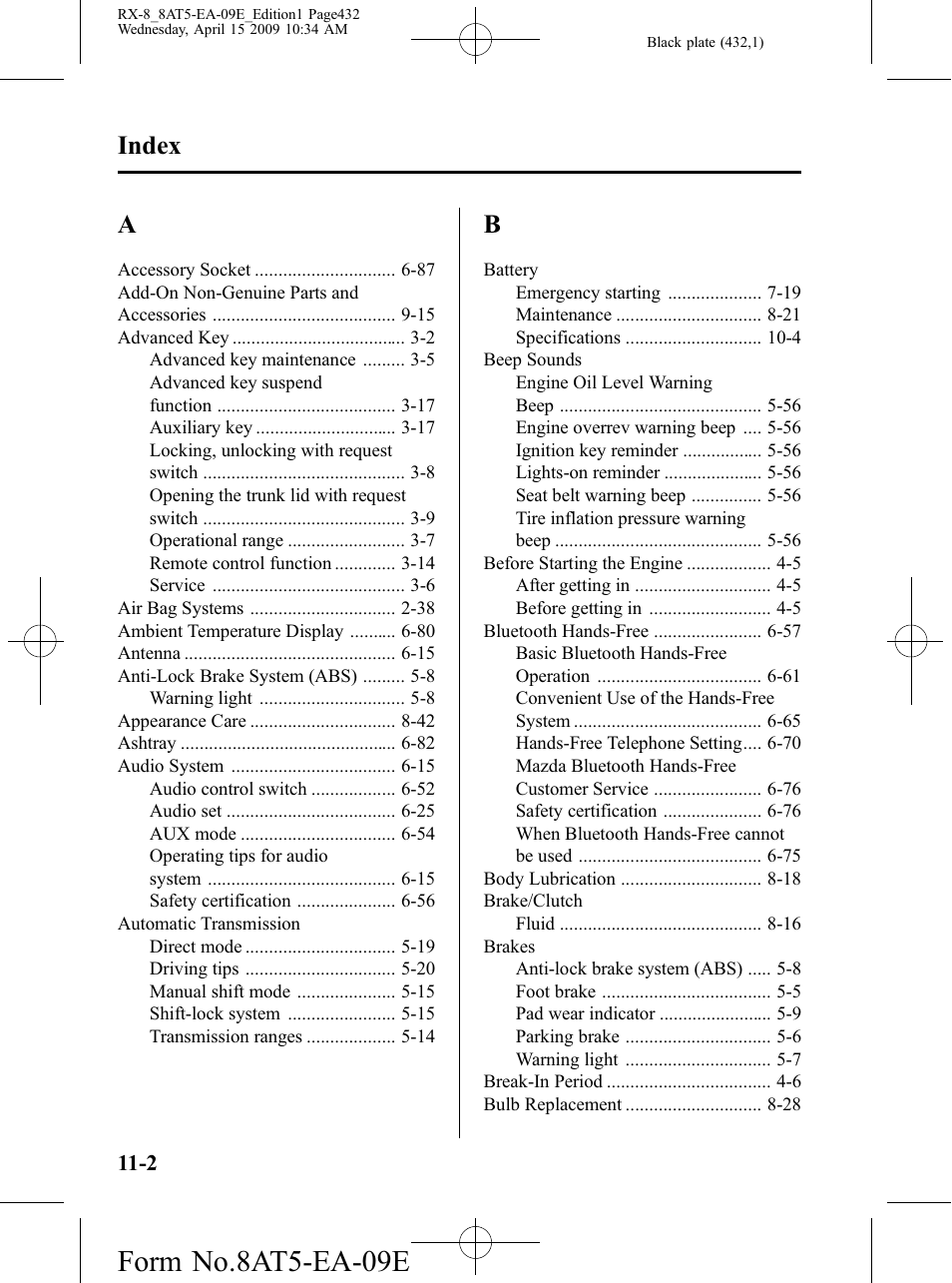 Index, Form no.8at5-ea-09e | Mazda 2010 RX-8 User Manual | Page 432 / 438