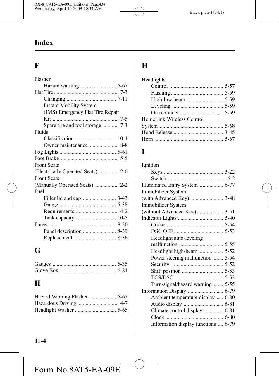 Form no.8at5-ea-09e, Index | Mazda 2010 RX-8 User Manual | Page 434 / 438