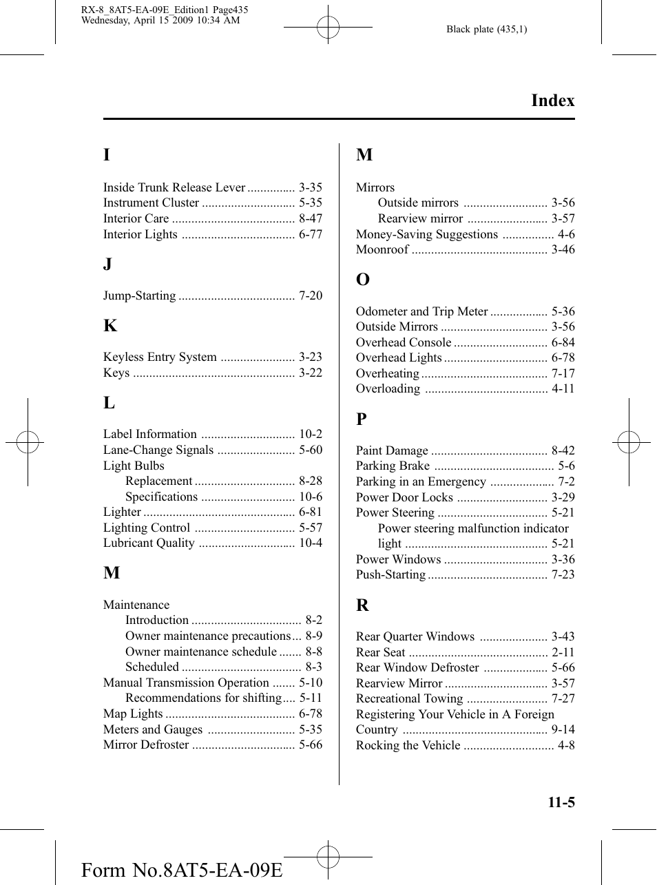 Form no.8at5-ea-09e, Index | Mazda 2010 RX-8 User Manual | Page 435 / 438