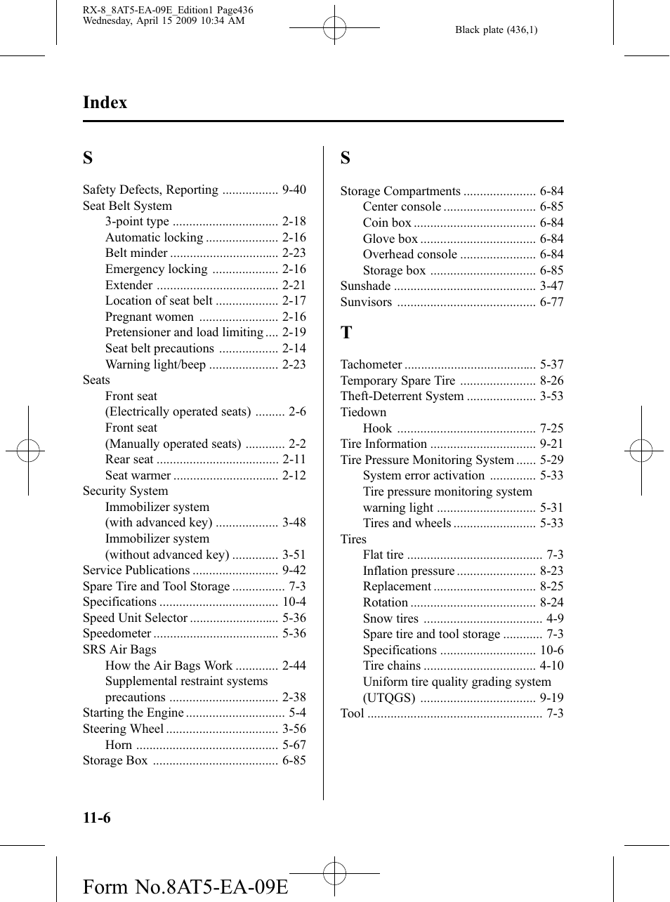 Form no.8at5-ea-09e, Index | Mazda 2010 RX-8 User Manual | Page 436 / 438