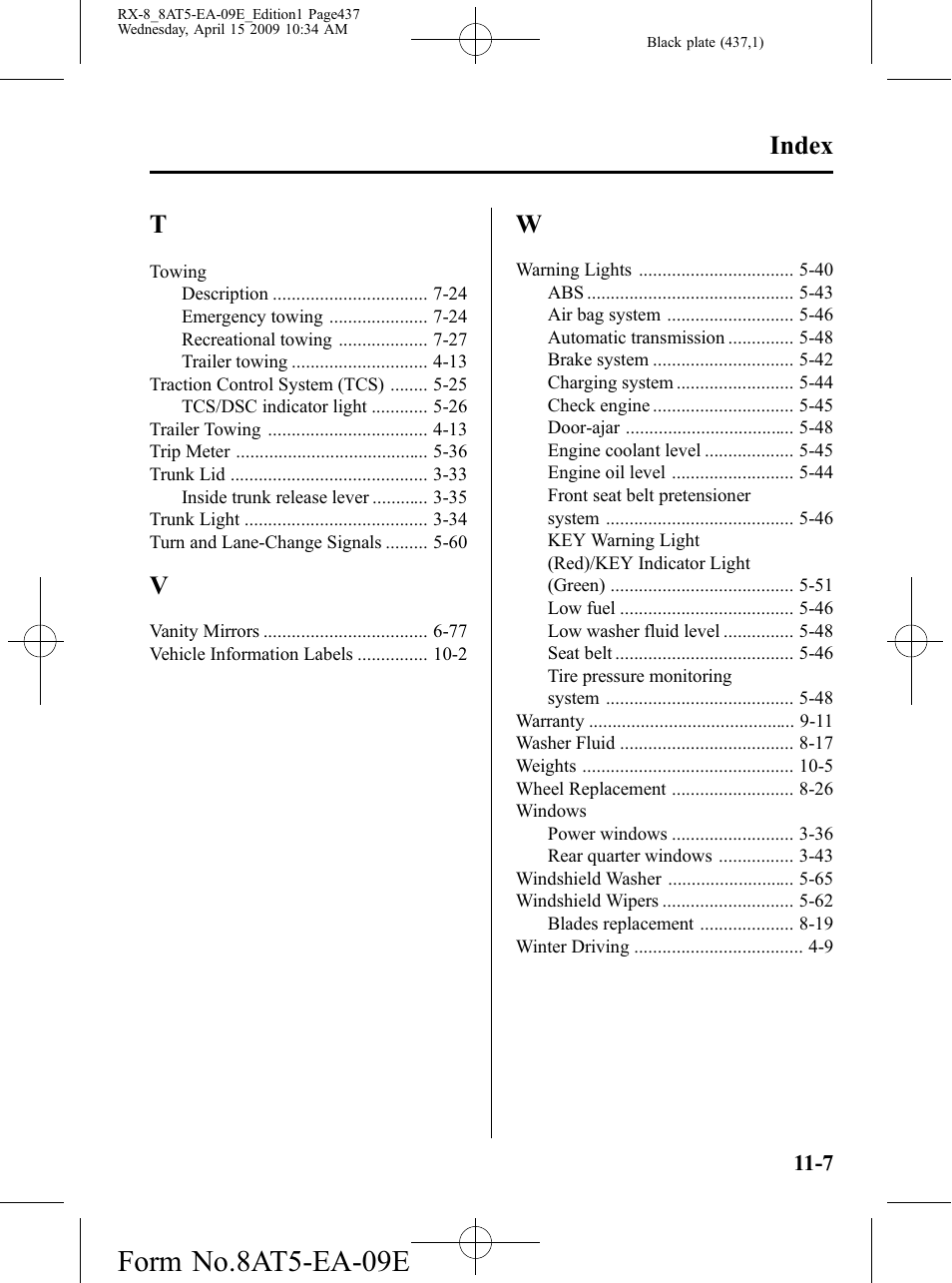 Form no.8at5-ea-09e, Index | Mazda 2010 RX-8 User Manual | Page 437 / 438