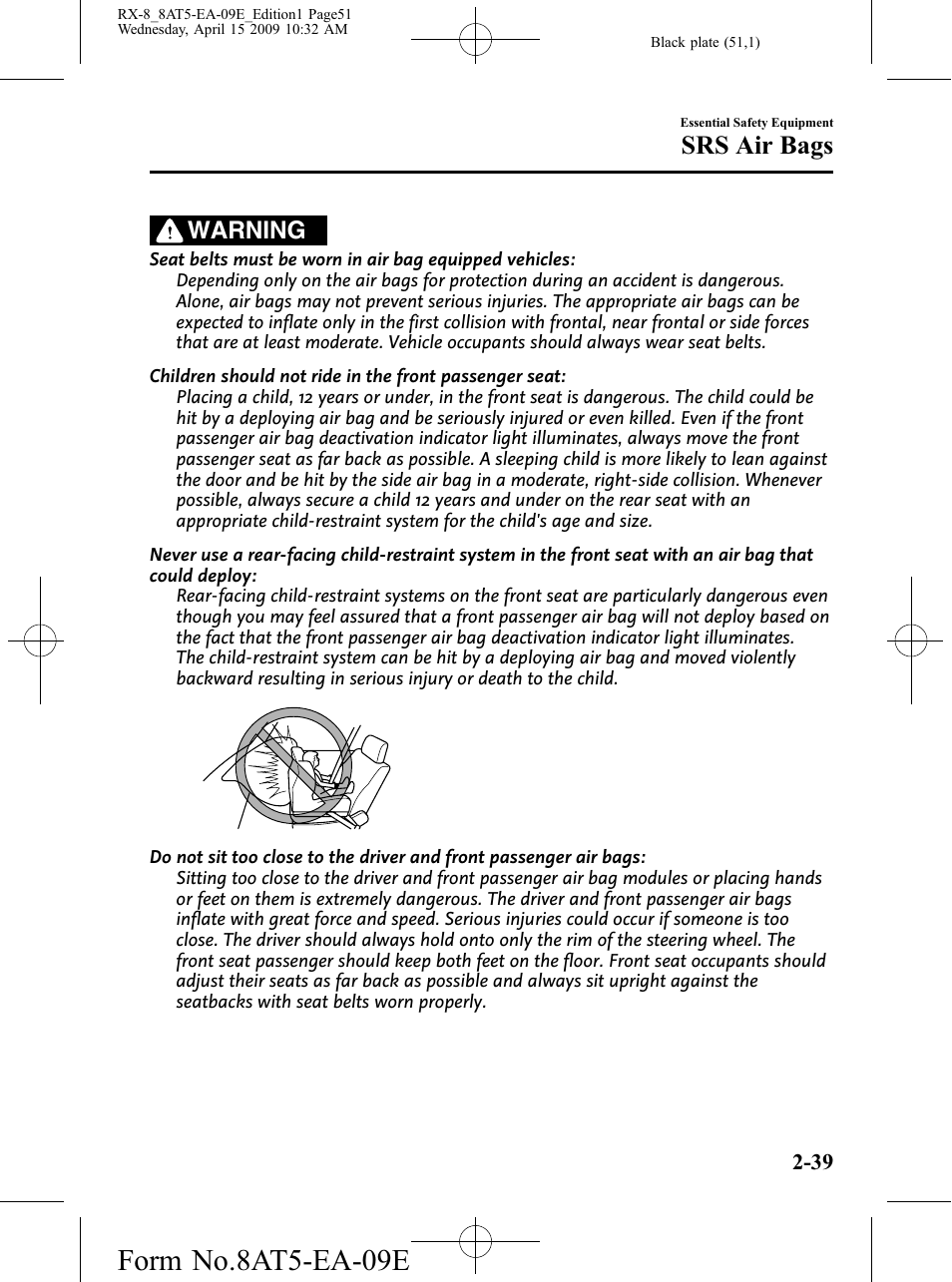 Form no.8at5-ea-09e, Srs air bags, Warning | Mazda 2010 RX-8 User Manual | Page 51 / 438