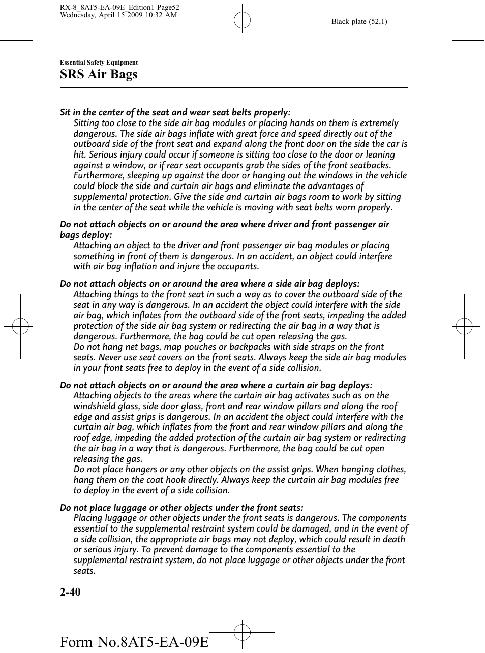 Form no.8at5-ea-09e, Srs air bags | Mazda 2010 RX-8 User Manual | Page 52 / 438