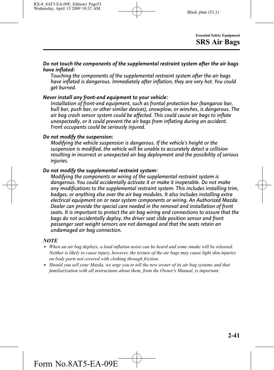 Form no.8at5-ea-09e, Srs air bags | Mazda 2010 RX-8 User Manual | Page 53 / 438