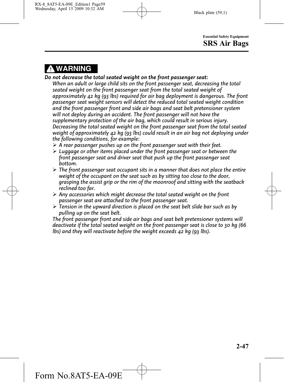Form no.8at5-ea-09e, Srs air bags, Warning | Mazda 2010 RX-8 User Manual | Page 59 / 438