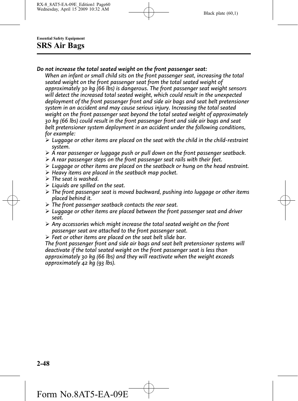 Form no.8at5-ea-09e, Srs air bags | Mazda 2010 RX-8 User Manual | Page 60 / 438