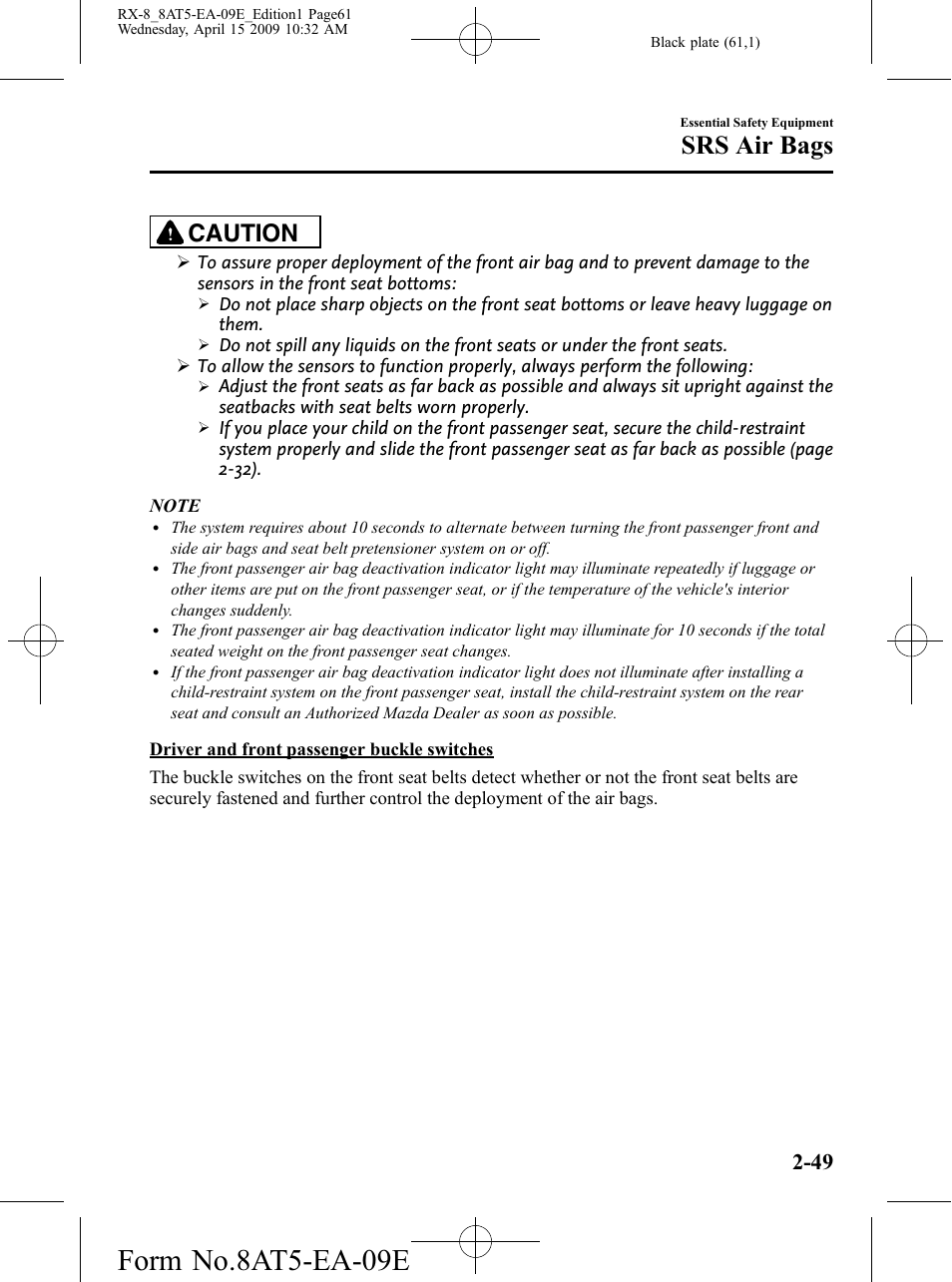 Form no.8at5-ea-09e, Srs air bags, Caution | Mazda 2010 RX-8 User Manual | Page 61 / 438