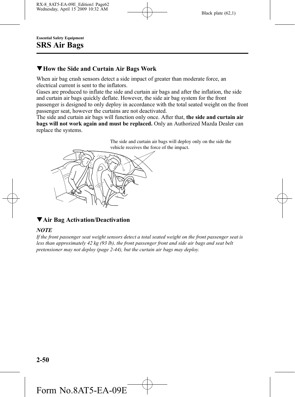 Form no.8at5-ea-09e, Srs air bags | Mazda 2010 RX-8 User Manual | Page 62 / 438