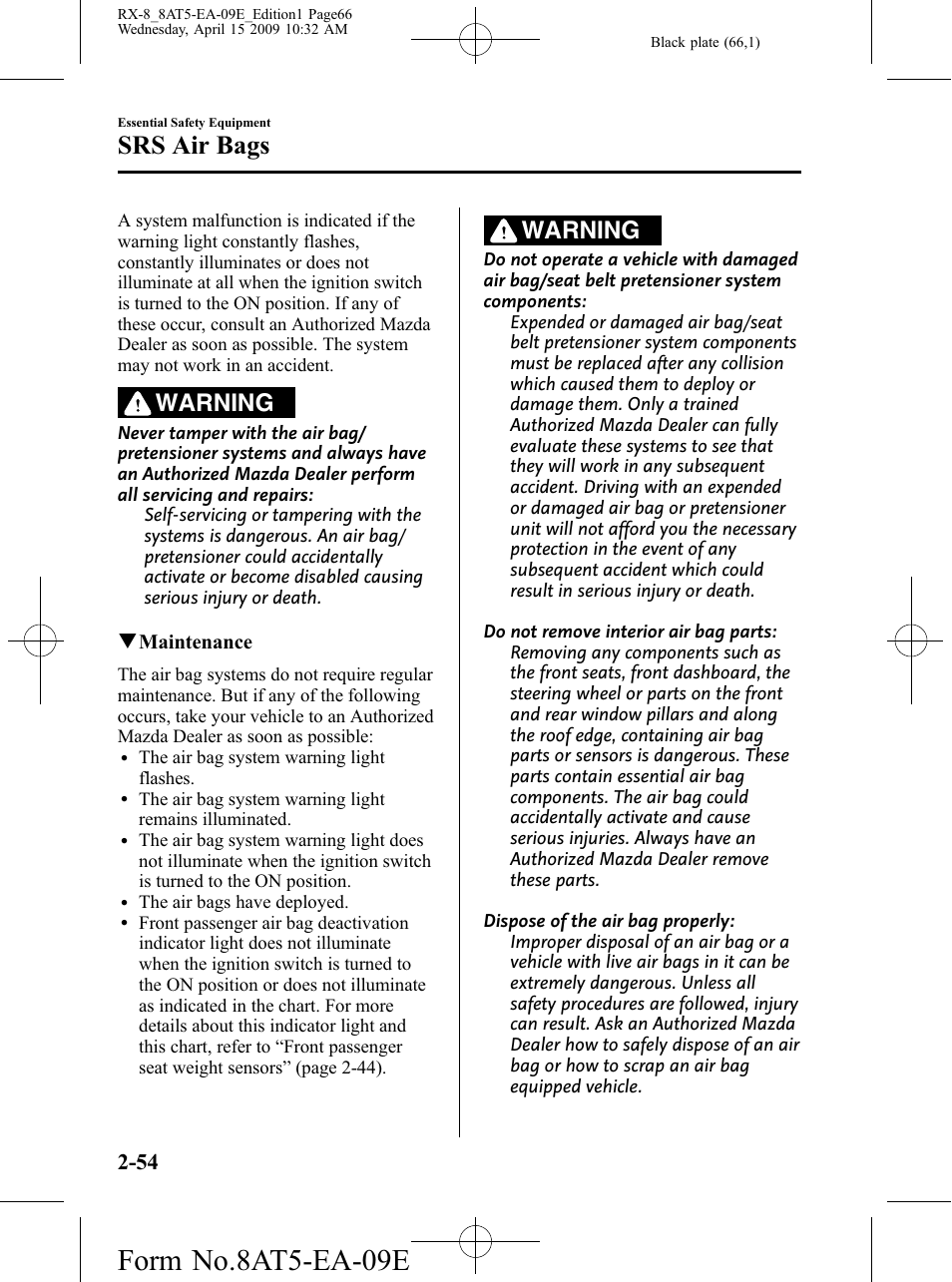 Form no.8at5-ea-09e, Srs air bags, Warning | Mazda 2010 RX-8 User Manual | Page 66 / 438