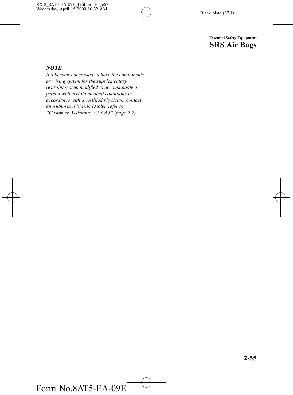 Form no.8at5-ea-09e, Srs air bags | Mazda 2010 RX-8 User Manual | Page 67 / 438