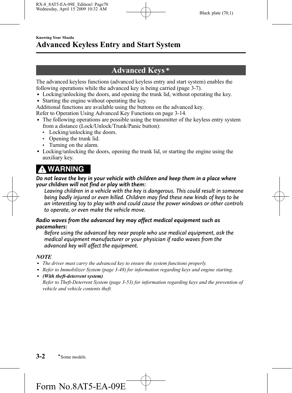 Advanced keyless entry and start system, Advanced keys, Advanced keyless entry and start system -2 | Form no.8at5-ea-09e, Warning | Mazda 2010 RX-8 User Manual | Page 70 / 438