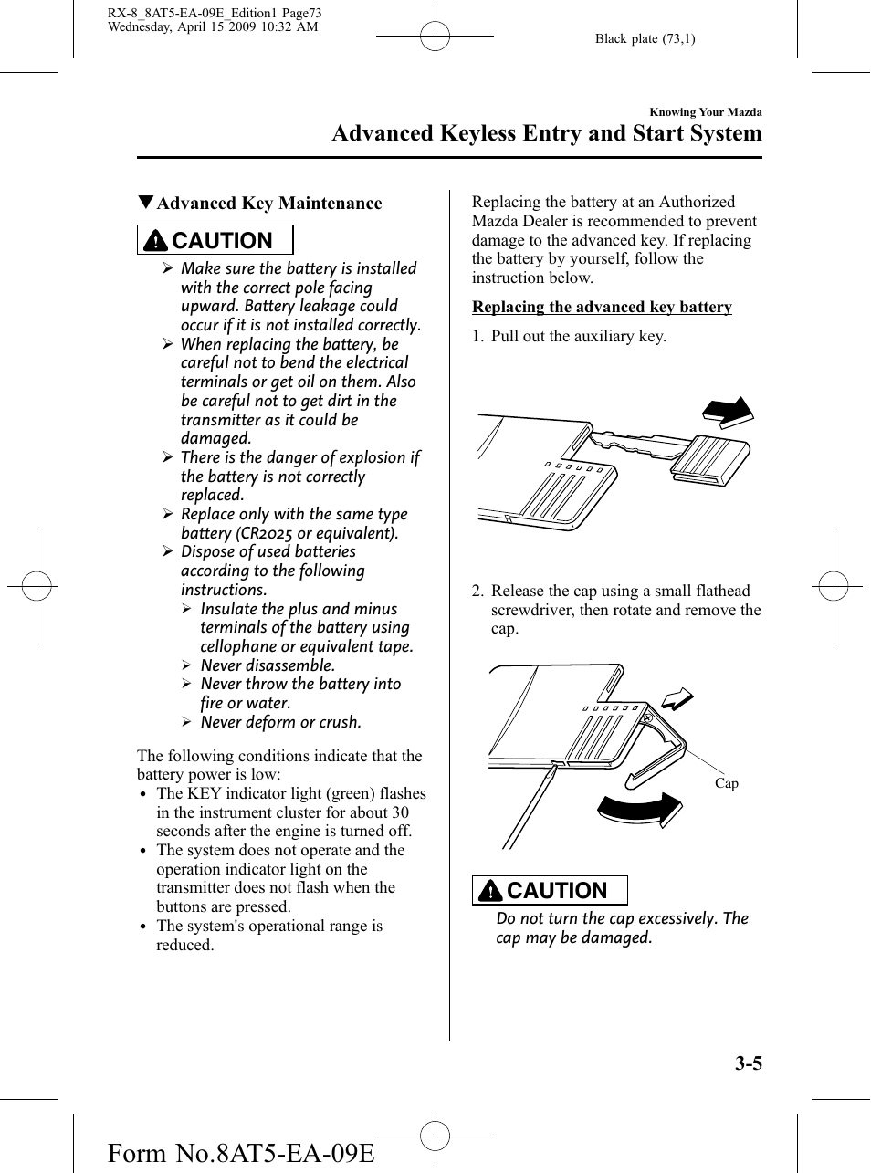 Form no.8at5-ea-09e, Advanced keyless entry and start system, Caution | Mazda 2010 RX-8 User Manual | Page 73 / 438