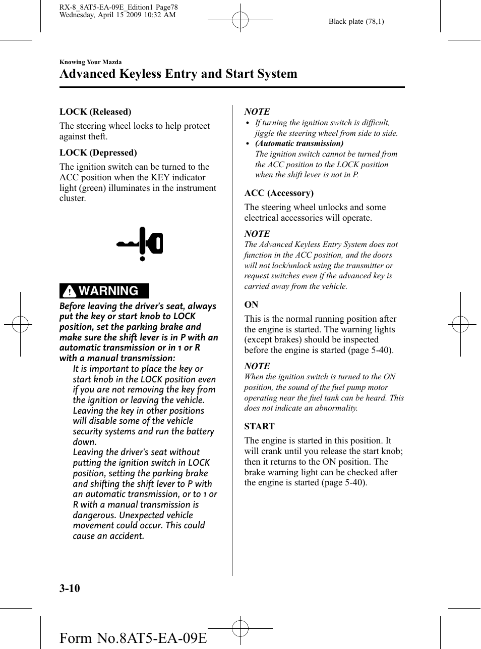 Form no.8at5-ea-09e, Advanced keyless entry and start system, Warning | Mazda 2010 RX-8 User Manual | Page 78 / 438