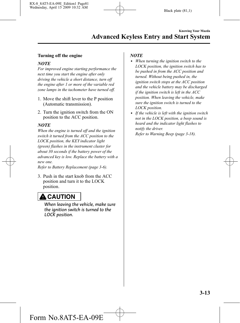 Form no.8at5-ea-09e, Advanced keyless entry and start system, Caution | Mazda 2010 RX-8 User Manual | Page 81 / 438