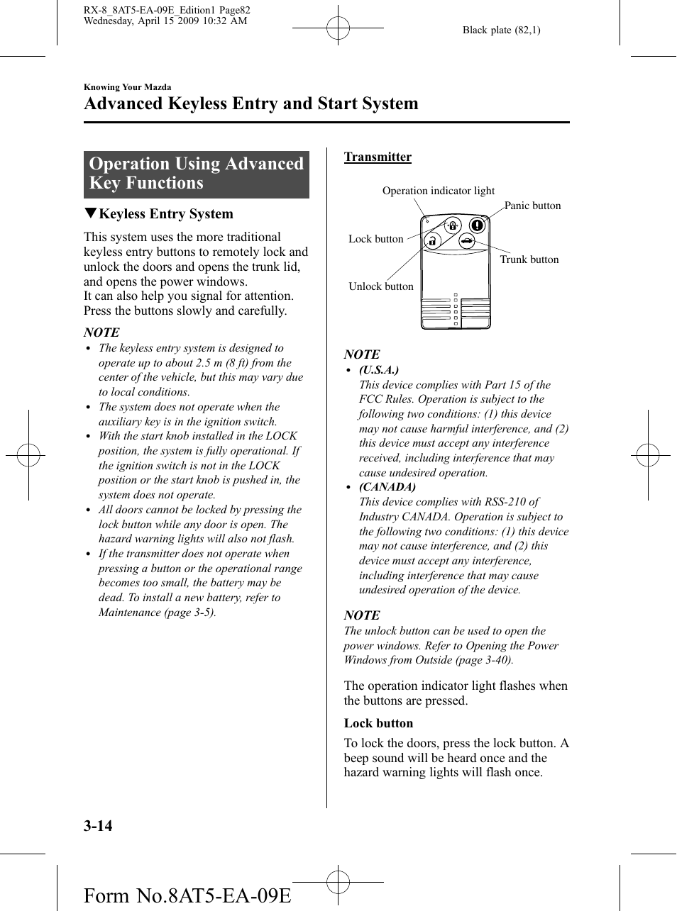 Operation using advanced key functions, Operation using advanced key functions -14, Form no.8at5-ea-09e | Advanced keyless entry and start system, Qkeyless entry system | Mazda 2010 RX-8 User Manual | Page 82 / 438