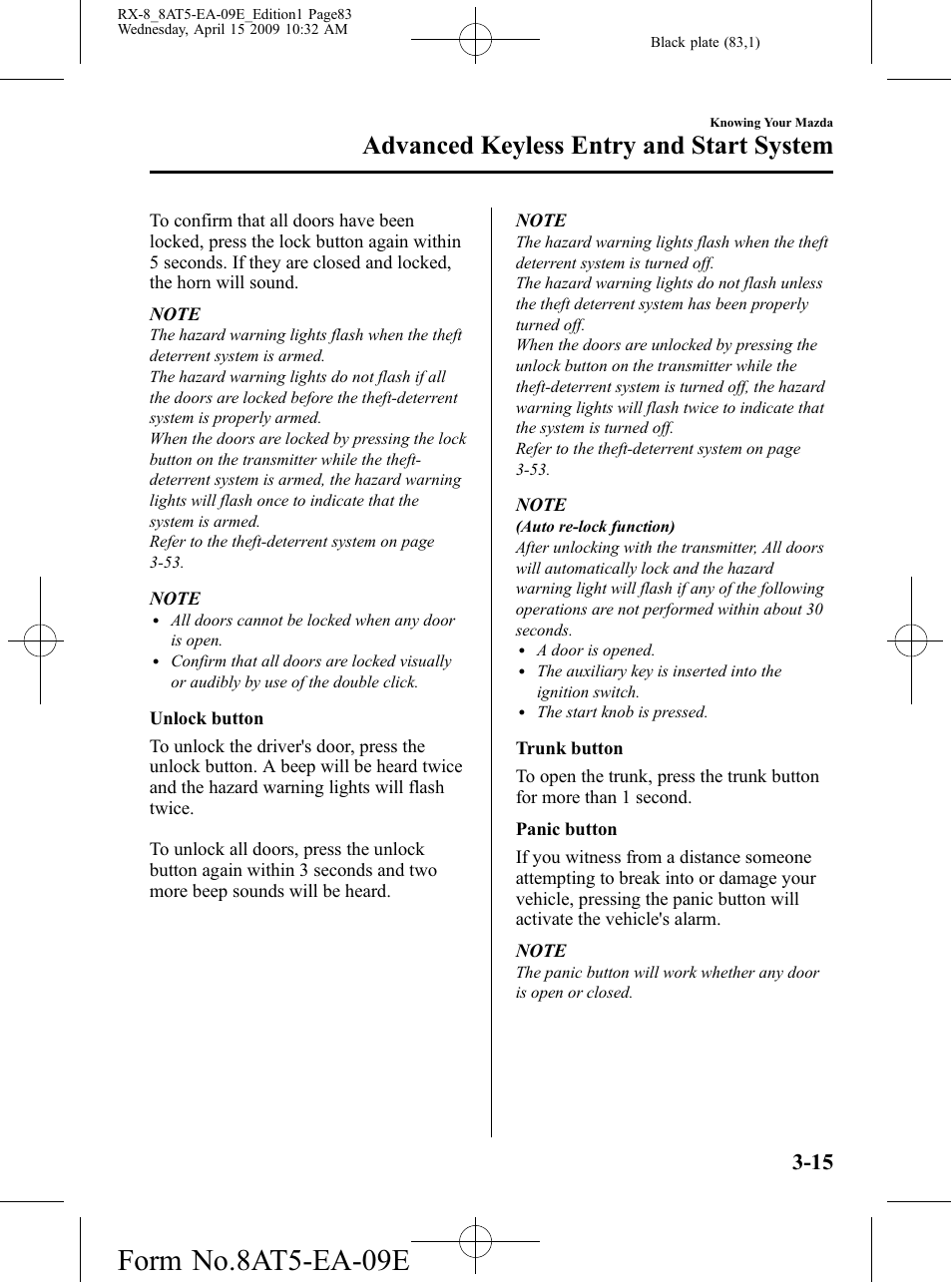 Form no.8at5-ea-09e, Advanced keyless entry and start system | Mazda 2010 RX-8 User Manual | Page 83 / 438