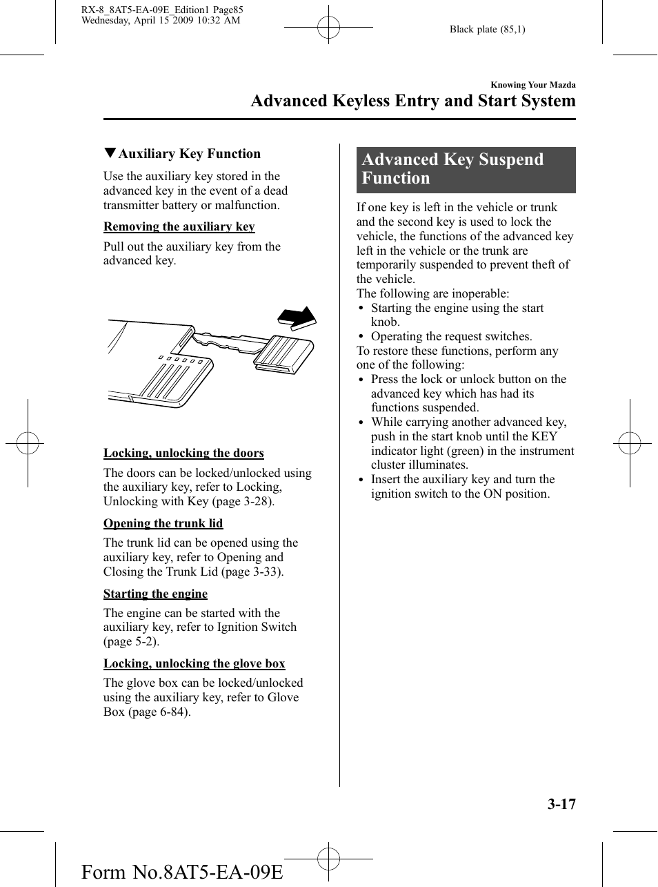 Advanced key suspend function, Advanced key suspend function -17, Form no.8at5-ea-09e | Advanced keyless entry and start system | Mazda 2010 RX-8 User Manual | Page 85 / 438