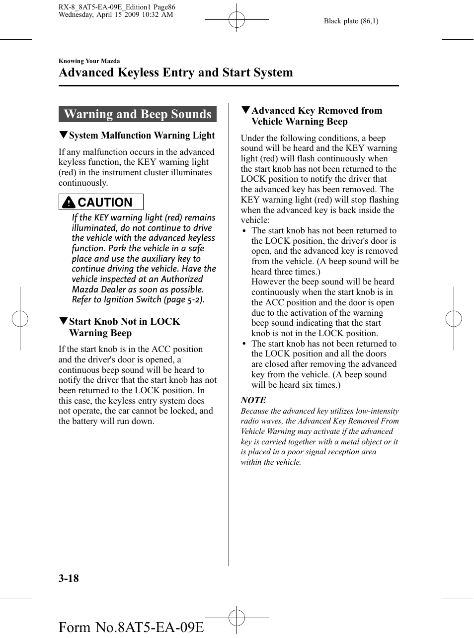Warning and beep sounds, Warning and beep sounds -18, Form no.8at5-ea-09e | Advanced keyless entry and start system, Caution | Mazda 2010 RX-8 User Manual | Page 86 / 438
