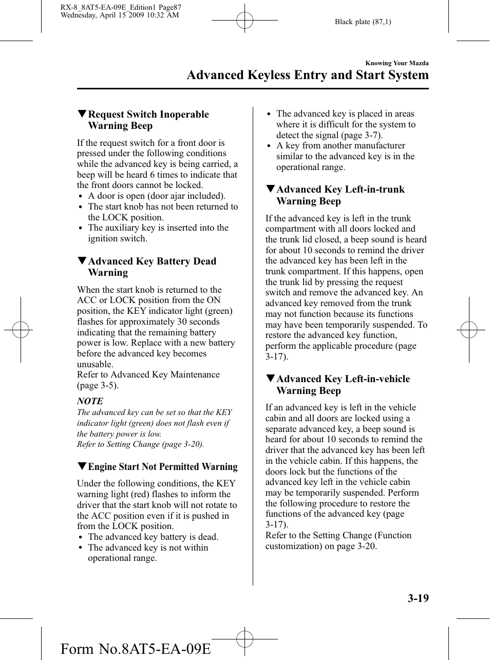 Form no.8at5-ea-09e, Advanced keyless entry and start system | Mazda 2010 RX-8 User Manual | Page 87 / 438