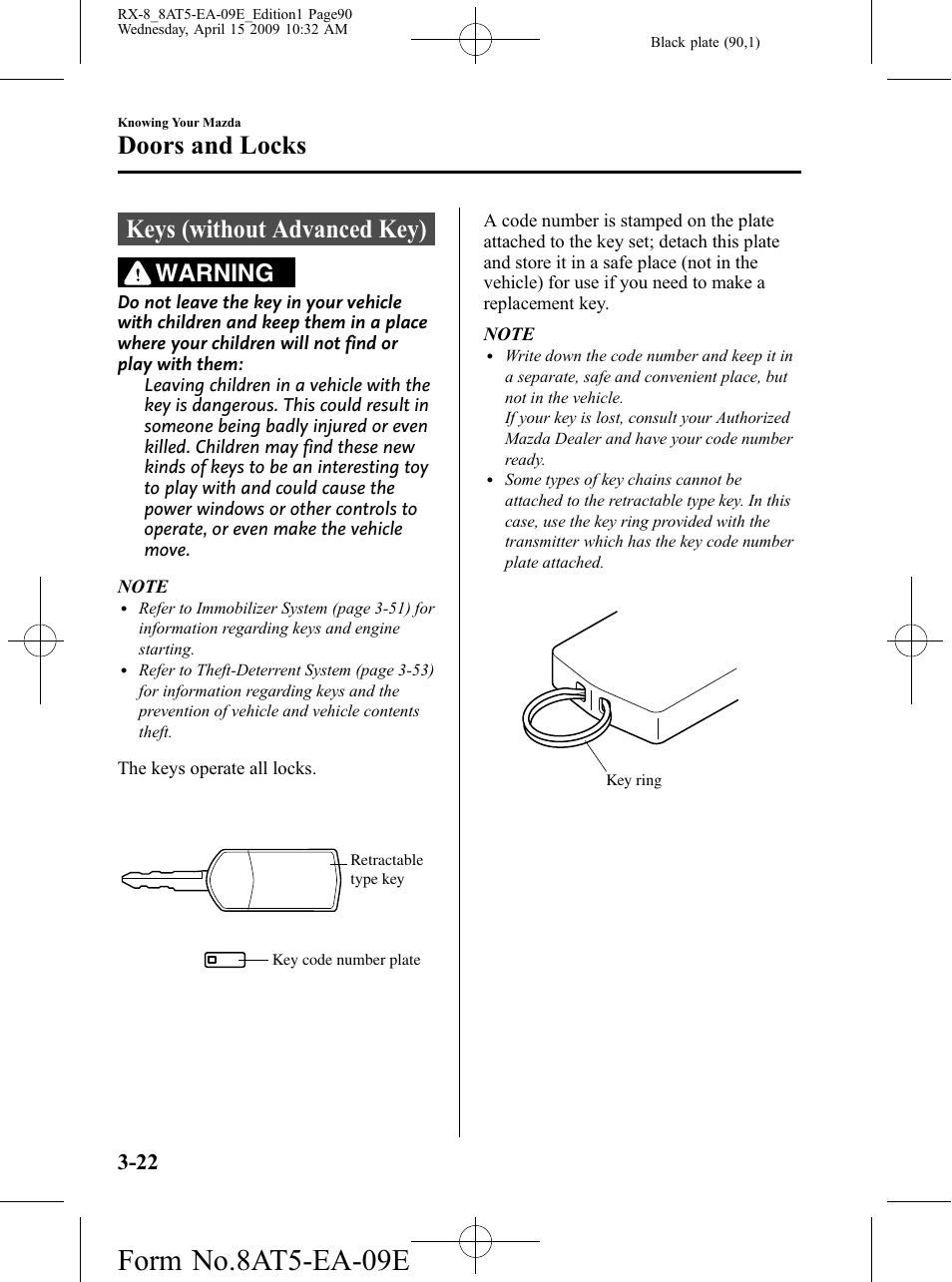 Doors and locks, Keys (without advanced key), Doors and locks -22 | Keys (without advanced key) -22, Form no.8at5-ea-09e, Warning | Mazda 2010 RX-8 User Manual | Page 90 / 438