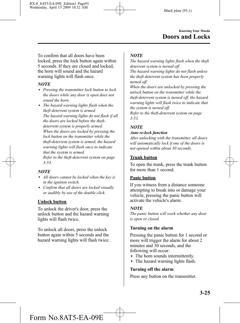 Form no.8at5-ea-09e, Doors and locks | Mazda 2010 RX-8 User Manual | Page 93 / 438