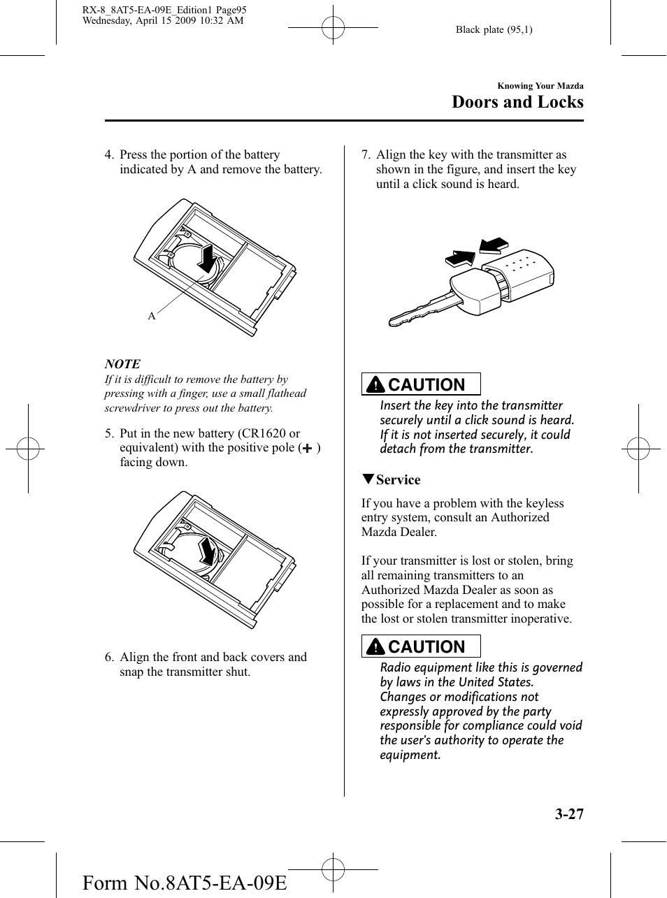 Form no.8at5-ea-09e, Doors and locks, Caution | Mazda 2010 RX-8 User Manual | Page 95 / 438