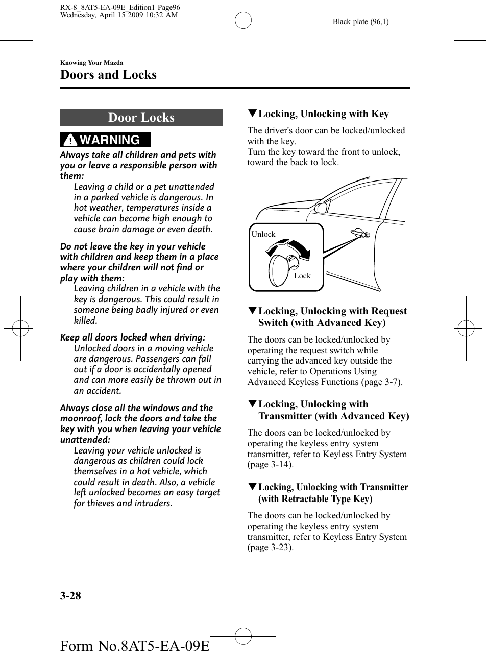 Door locks, Door locks -28, Form no.8at5-ea-09e | Doors and locks, Warning | Mazda 2010 RX-8 User Manual | Page 96 / 438
