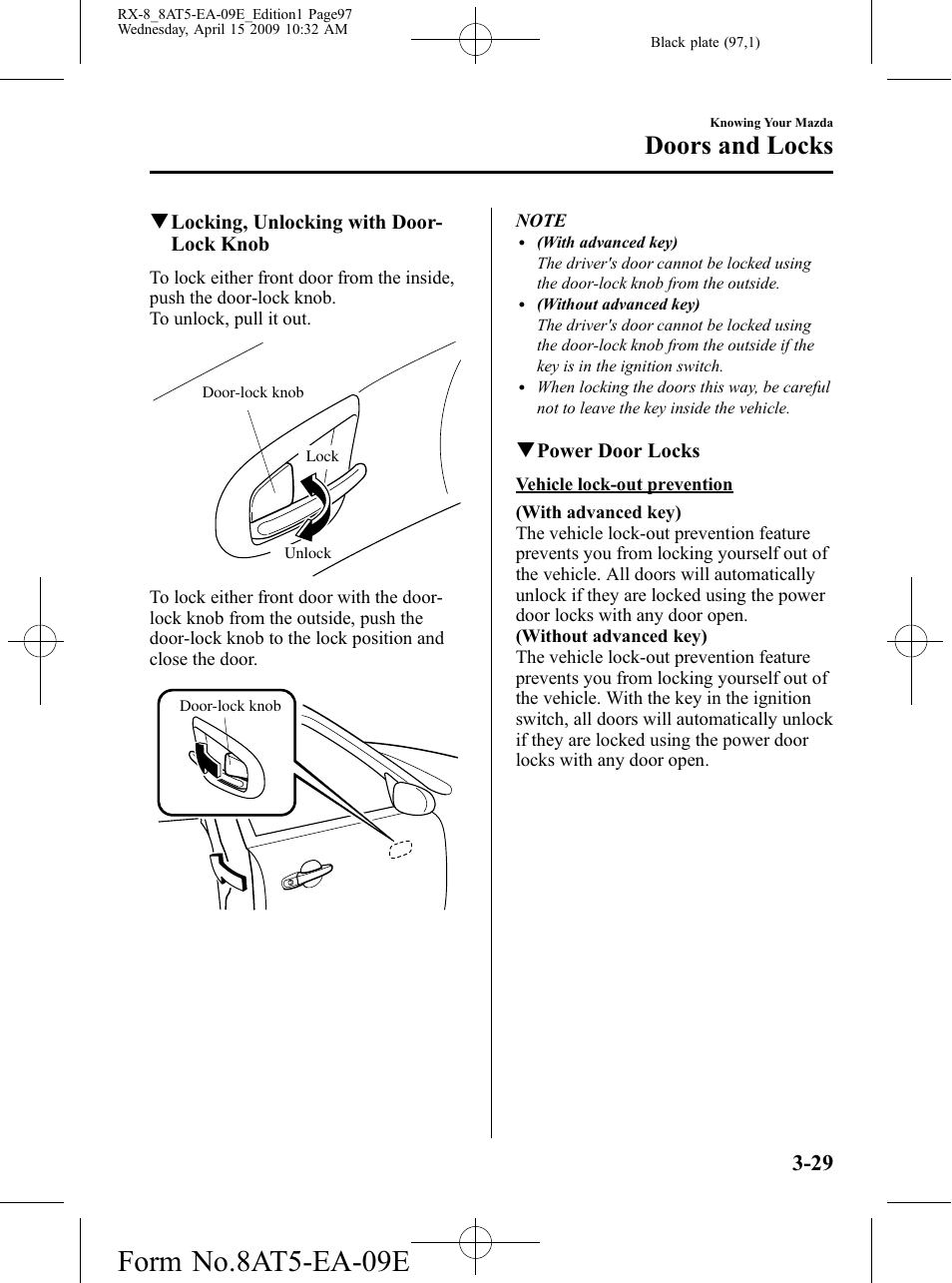 Form no.8at5-ea-09e, Doors and locks | Mazda 2010 RX-8 User Manual | Page 97 / 438
