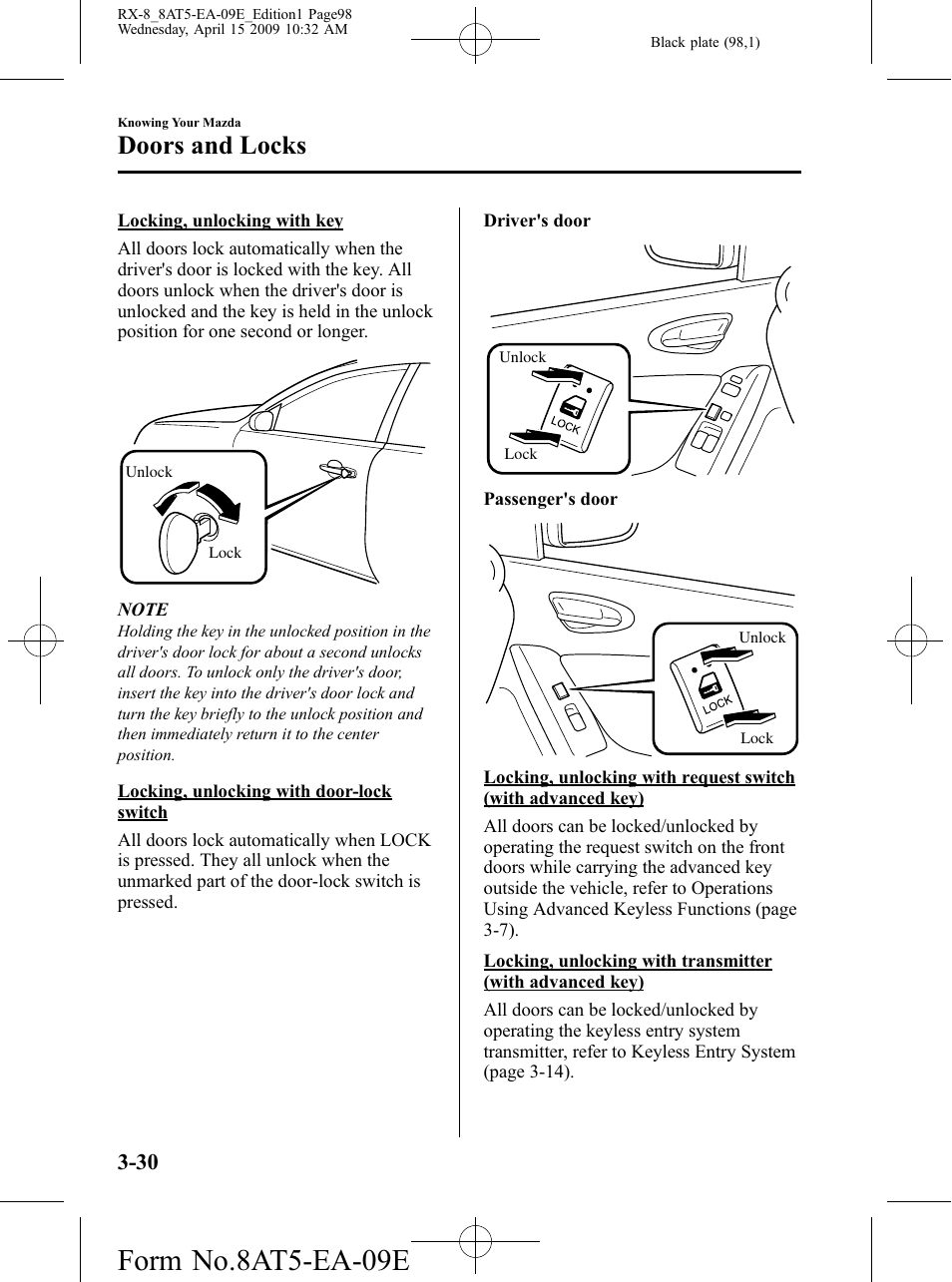Form no.8at5-ea-09e, Doors and locks | Mazda 2010 RX-8 User Manual | Page 98 / 438