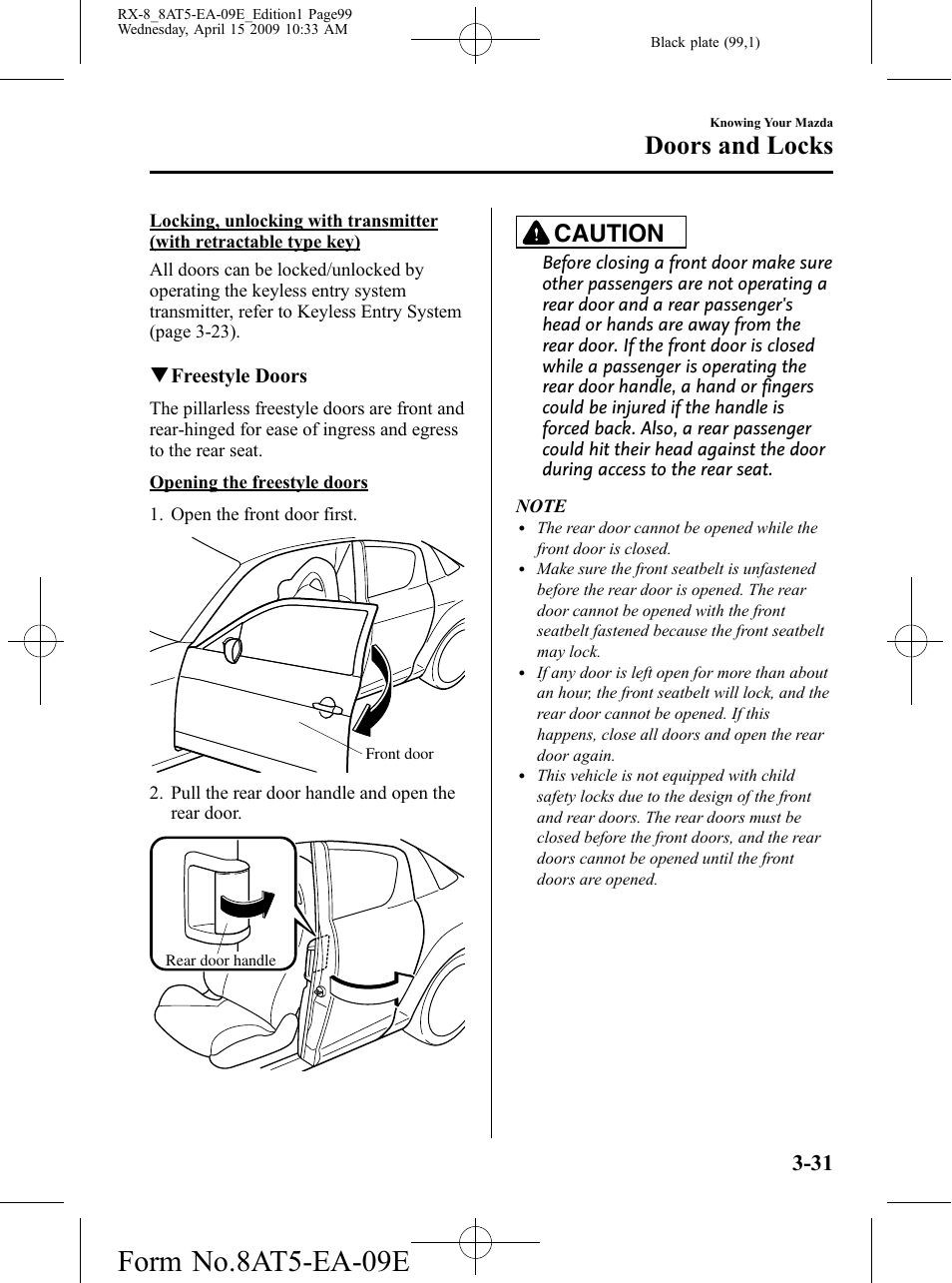 Form no.8at5-ea-09e, Doors and locks, Caution | Mazda 2010 RX-8 User Manual | Page 99 / 438
