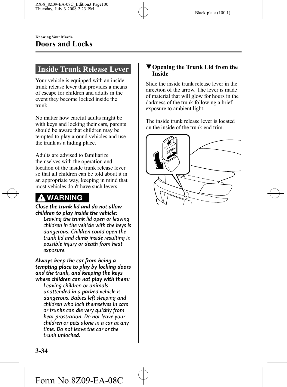 Inside trunk release lever, Inside trunk release lever -34, Doors and locks | Warning | Mazda 2009 RX-8 User Manual | Page 100 / 430