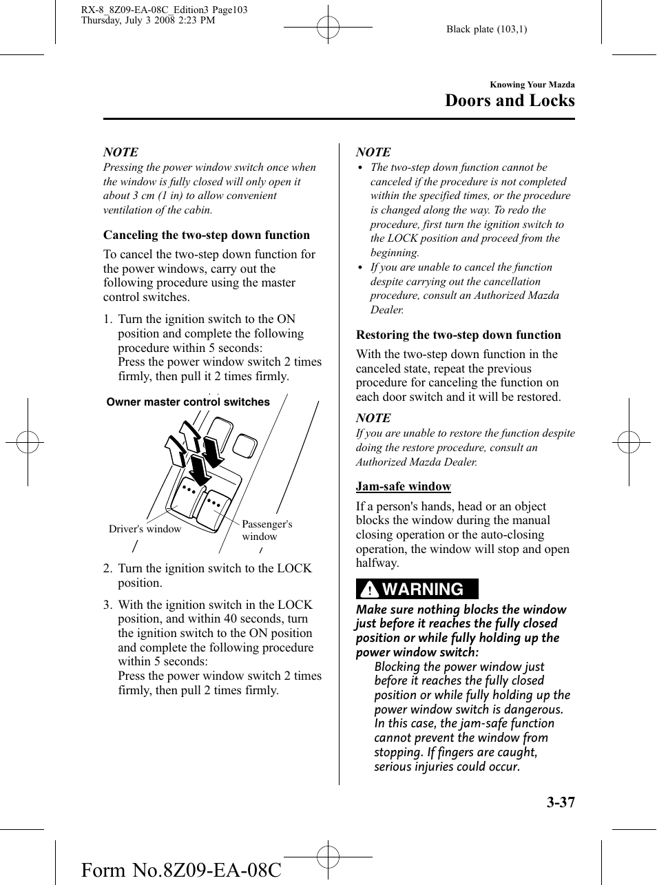 Doors and locks, Warning | Mazda 2009 RX-8 User Manual | Page 103 / 430