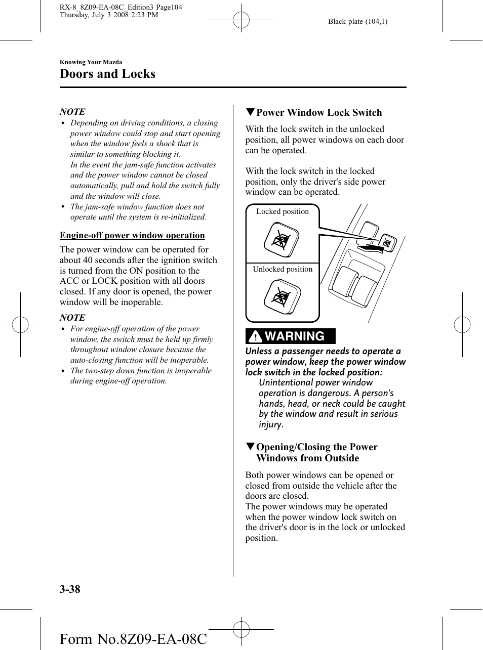 Doors and locks, Warning | Mazda 2009 RX-8 User Manual | Page 104 / 430