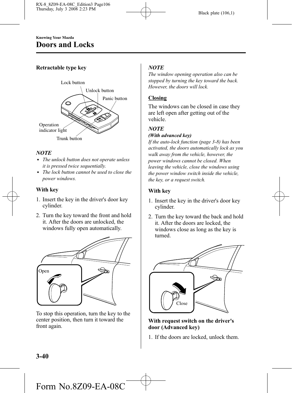 Doors and locks | Mazda 2009 RX-8 User Manual | Page 106 / 430