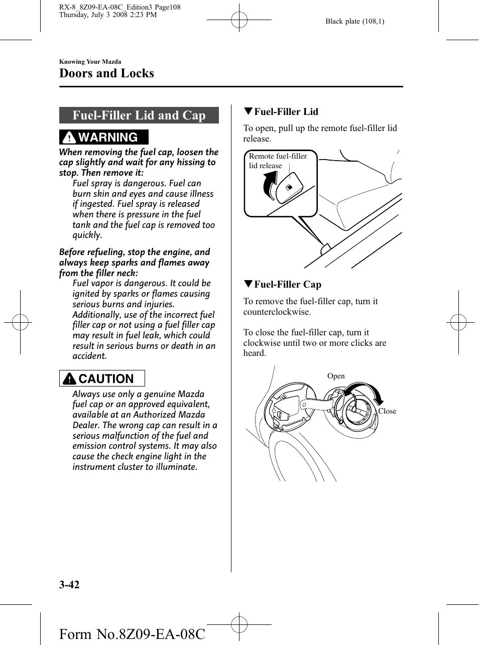 Fuel-filler lid and cap, Fuel-filler lid and cap -42, Doors and locks | Warning, Caution | Mazda 2009 RX-8 User Manual | Page 108 / 430