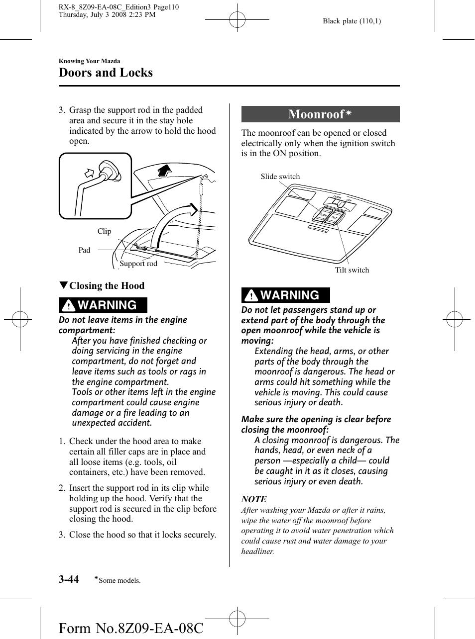 Moonroof, Doors and locks, Warning | Mazda 2009 RX-8 User Manual | Page 110 / 430