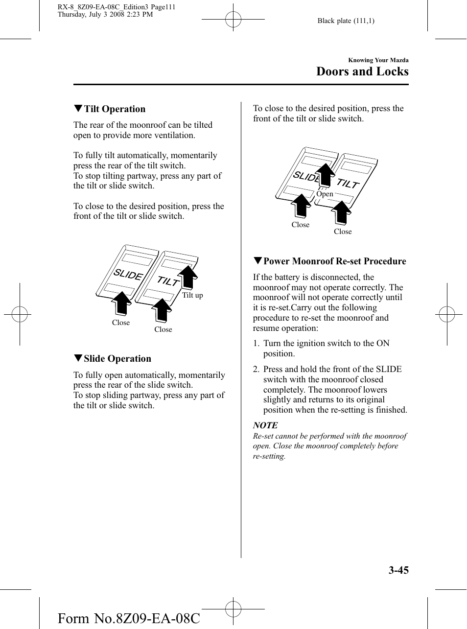 Doors and locks | Mazda 2009 RX-8 User Manual | Page 111 / 430