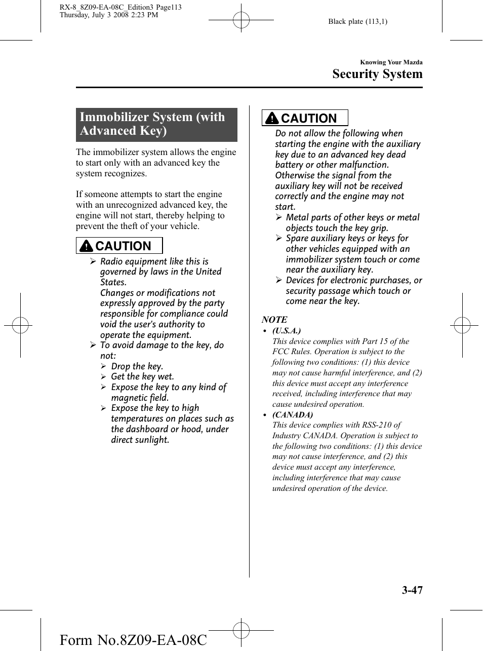 Security system, Immobilizer system (with advanced key), Security system -47 | Immobilizer system (with advanced key) -47, Caution | Mazda 2009 RX-8 User Manual | Page 113 / 430