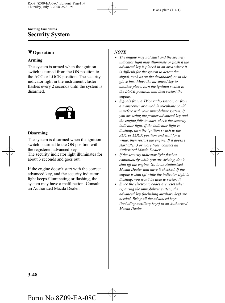 Security system, Qoperation | Mazda 2009 RX-8 User Manual | Page 114 / 430