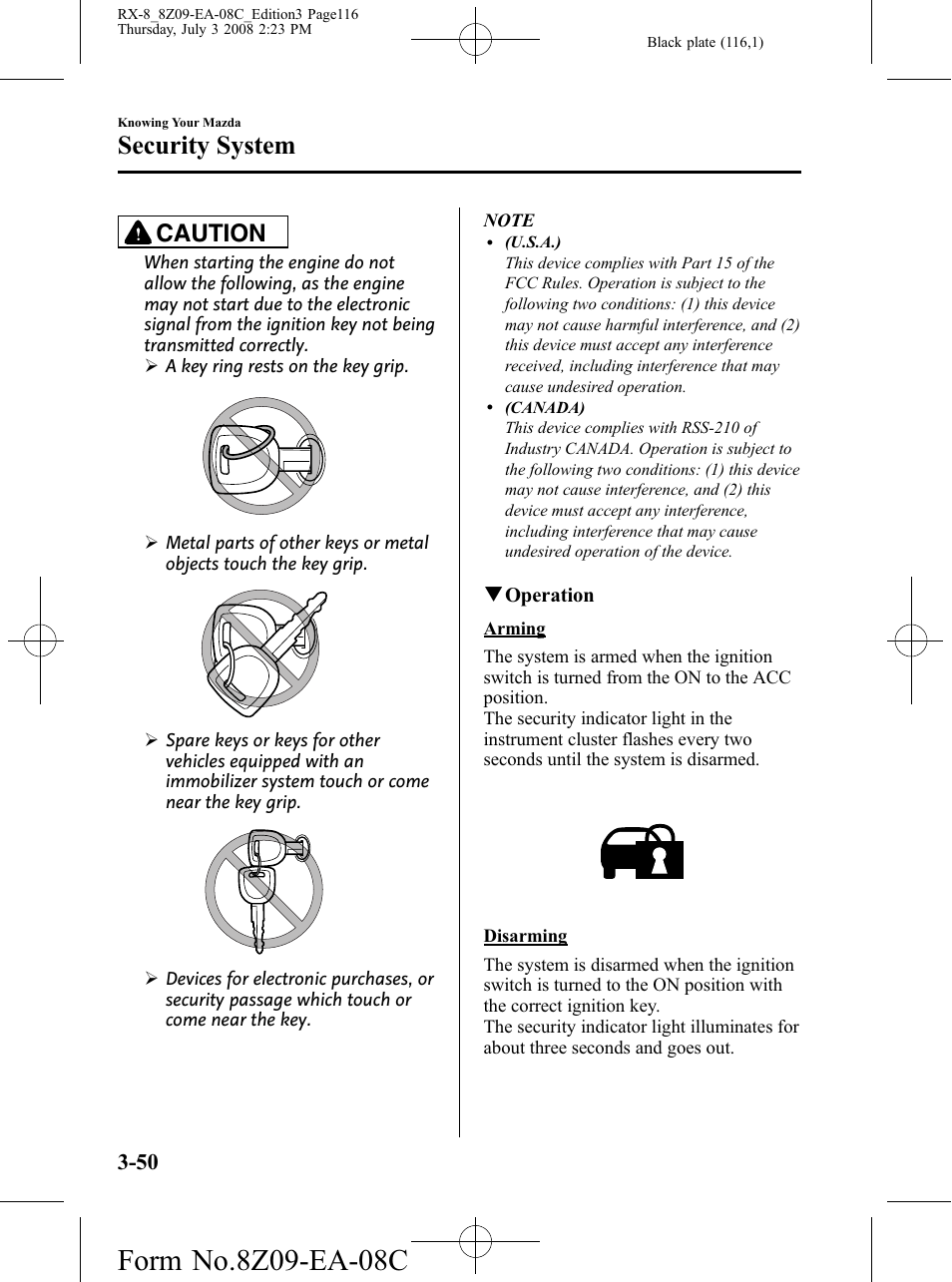 Security system, Caution | Mazda 2009 RX-8 User Manual | Page 116 / 430