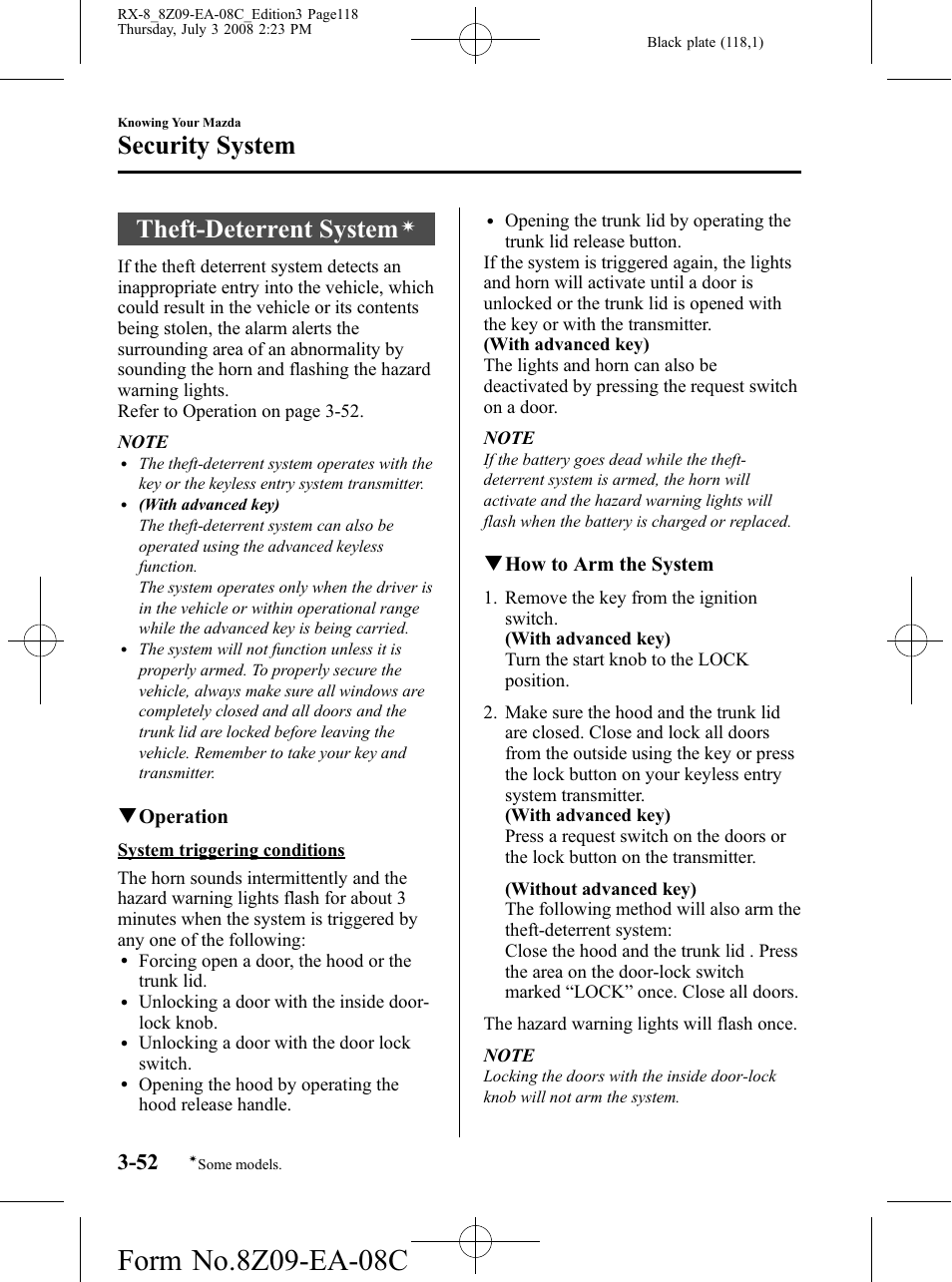 Theft-deterrent system, Security system, Qoperation | Qhow to arm the system | Mazda 2009 RX-8 User Manual | Page 118 / 430