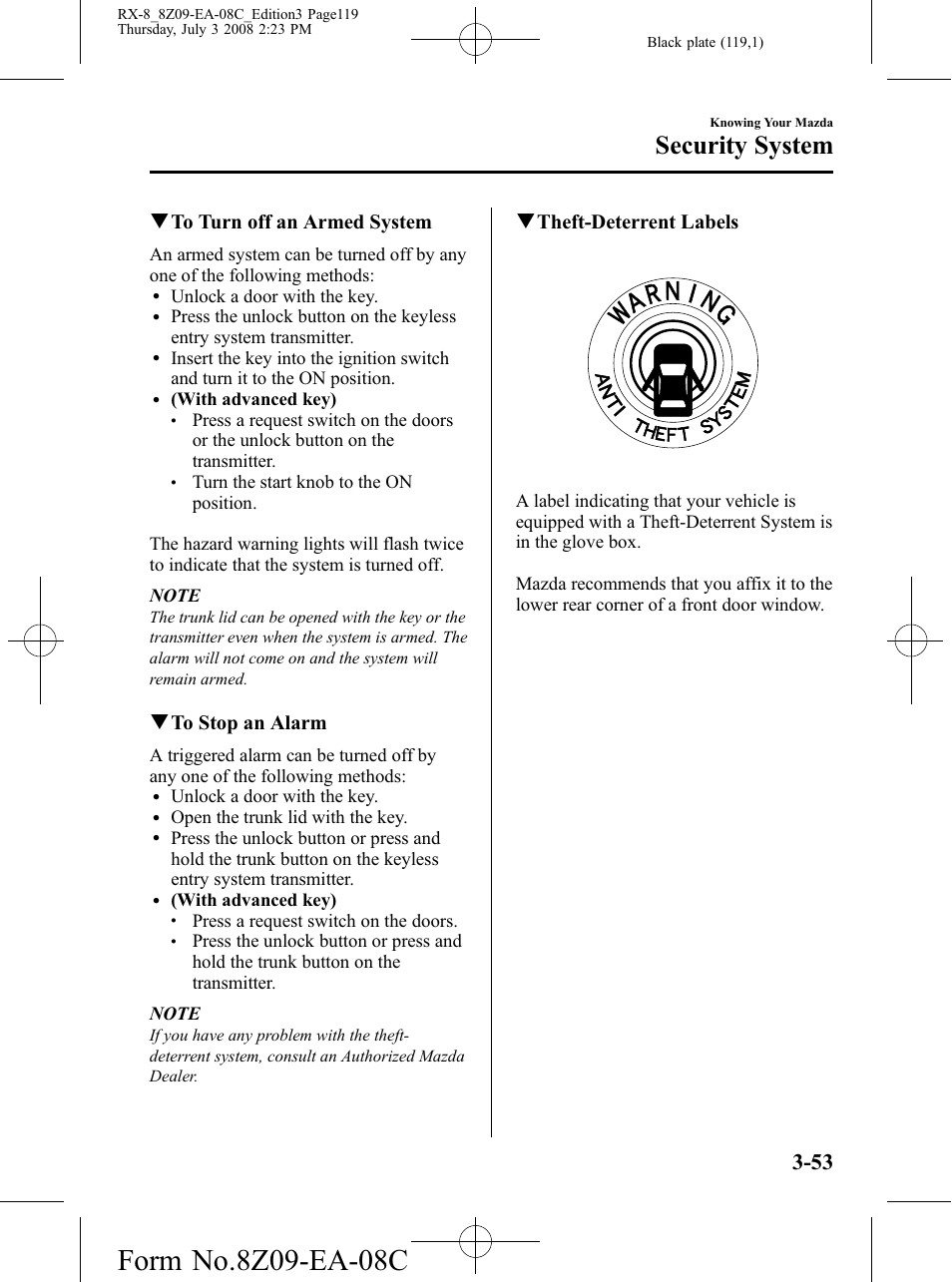 Security system, Qto turn off an armed system, Qto stop an alarm | Qtheft-deterrent labels | Mazda 2009 RX-8 User Manual | Page 119 / 430