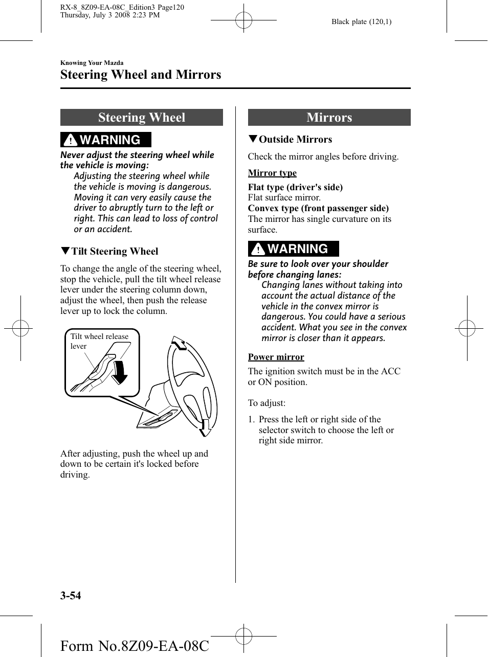 Steering wheel and mirrors, Steering wheel, Mirrors | Steering wheel and mirrors -54, Steering wheel -54 mirrors -54, Warning | Mazda 2009 RX-8 User Manual | Page 120 / 430