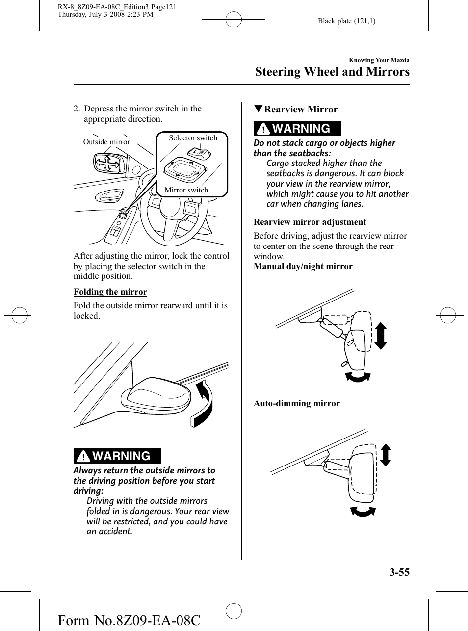 Steering wheel and mirrors, Warning | Mazda 2009 RX-8 User Manual | Page 121 / 430