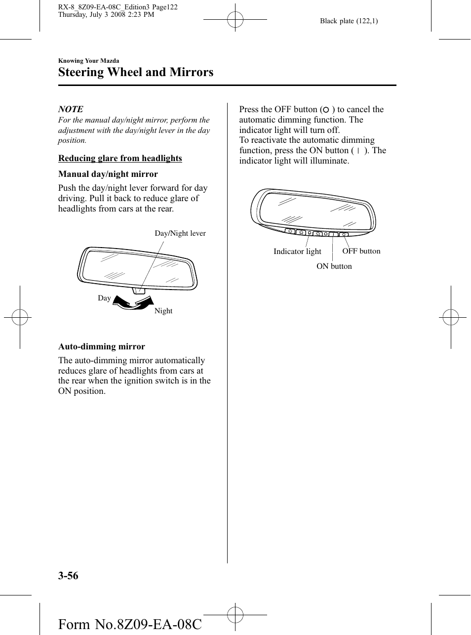 Steering wheel and mirrors | Mazda 2009 RX-8 User Manual | Page 122 / 430
