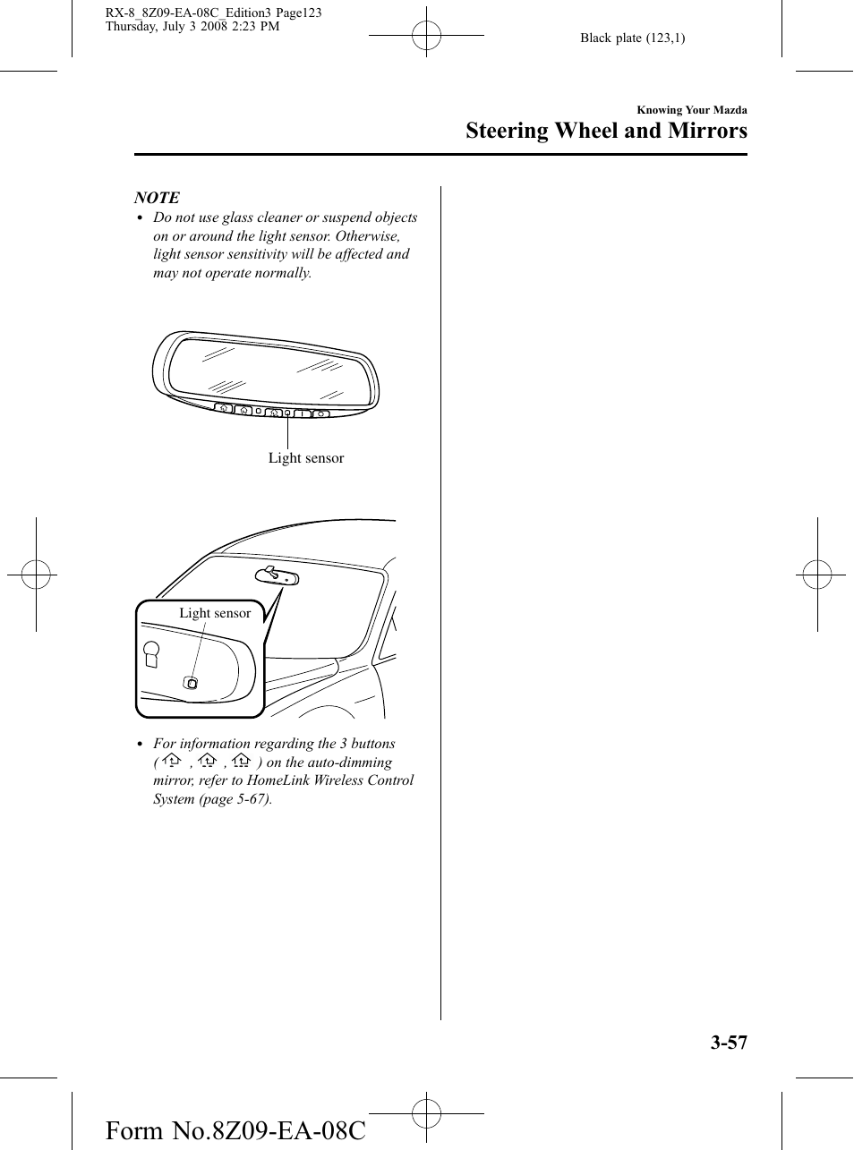 Steering wheel and mirrors | Mazda 2009 RX-8 User Manual | Page 123 / 430