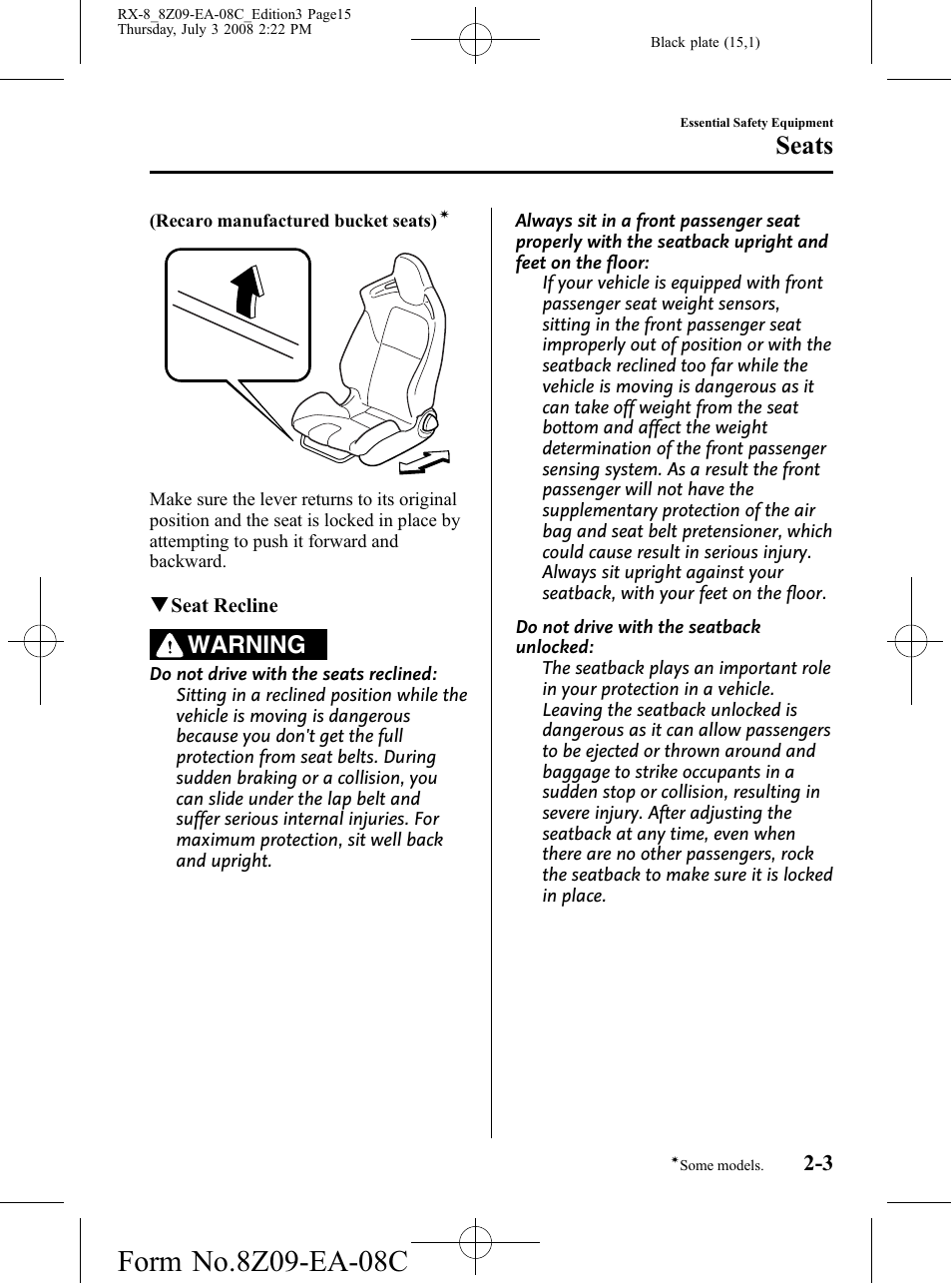 Seats, Warning | Mazda 2009 RX-8 User Manual | Page 15 / 430