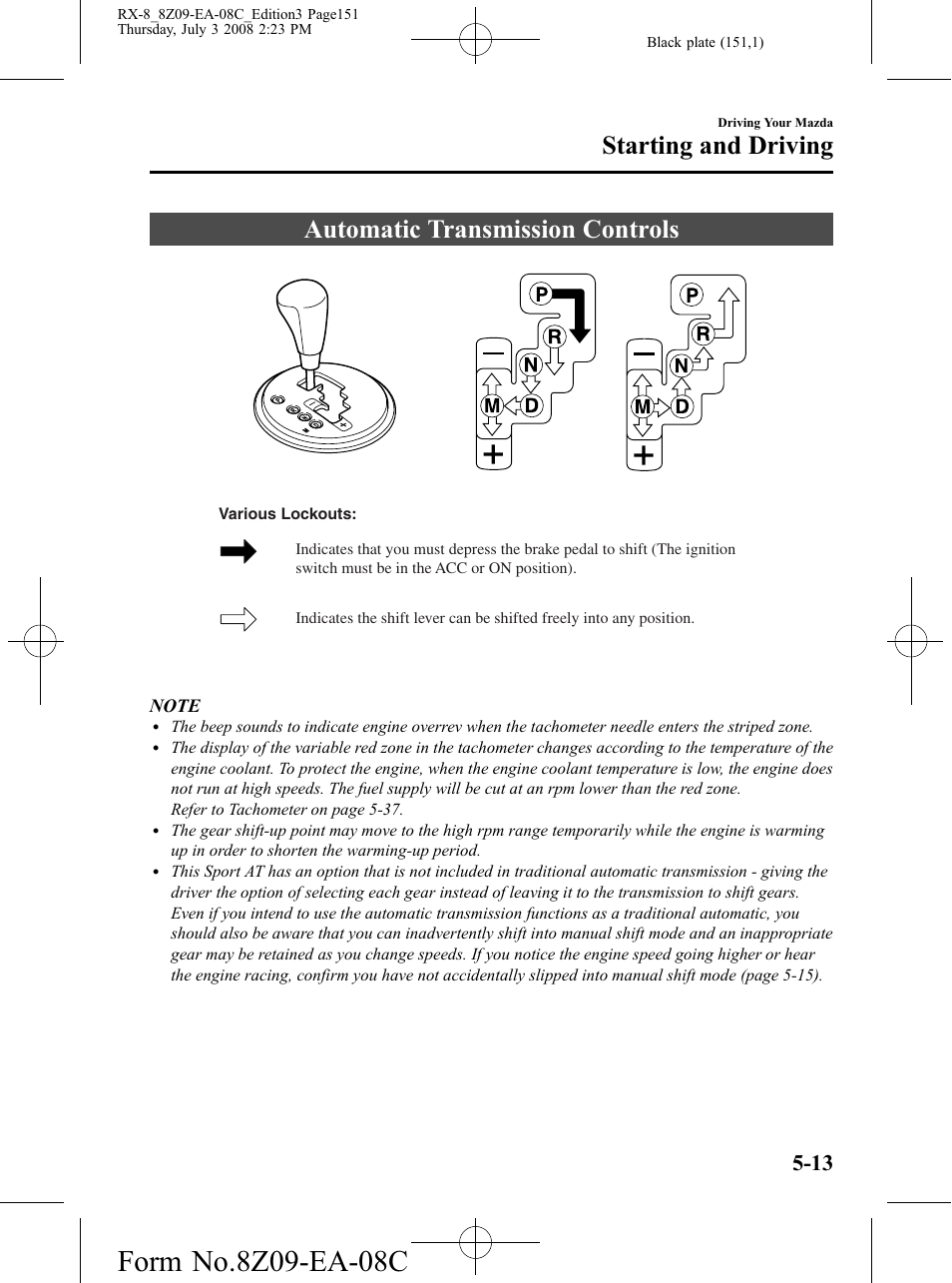 Automatic transmission controls, Automatic transmission controls -13, Starting and driving | Mazda 2009 RX-8 User Manual | Page 151 / 430