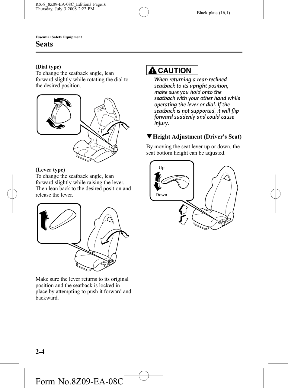 Seats, Caution | Mazda 2009 RX-8 User Manual | Page 16 / 430