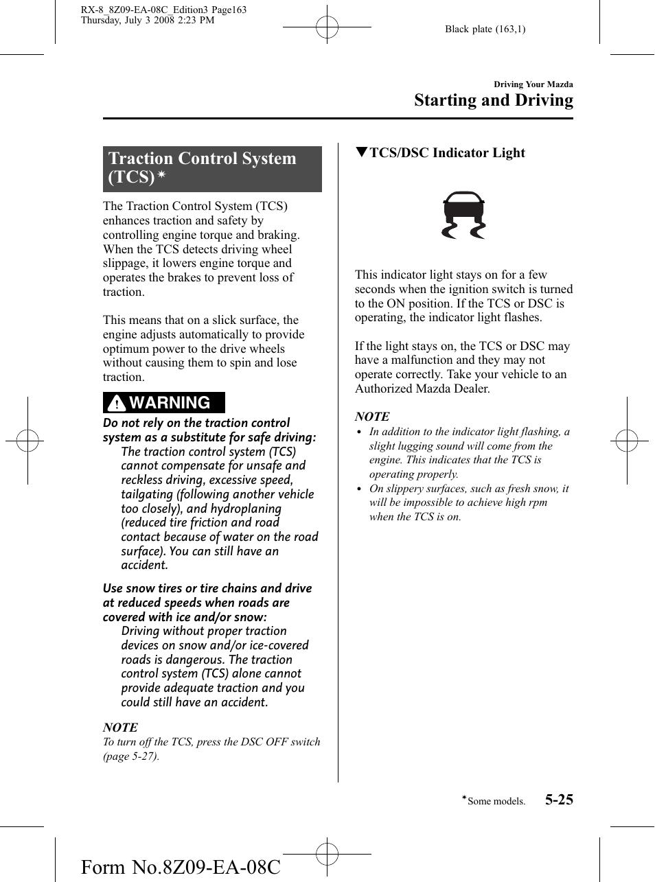 Traction control system (tcs), Starting and driving, Warning | Mazda 2009 RX-8 User Manual | Page 163 / 430